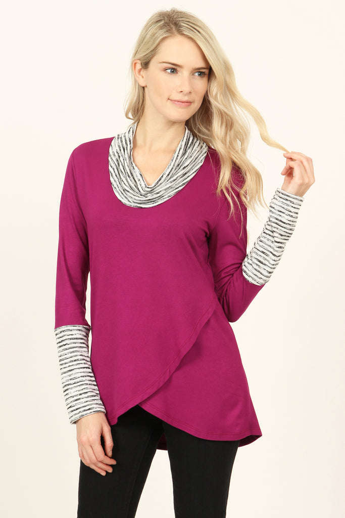 Striped Cowl Neck Overlap Tunic