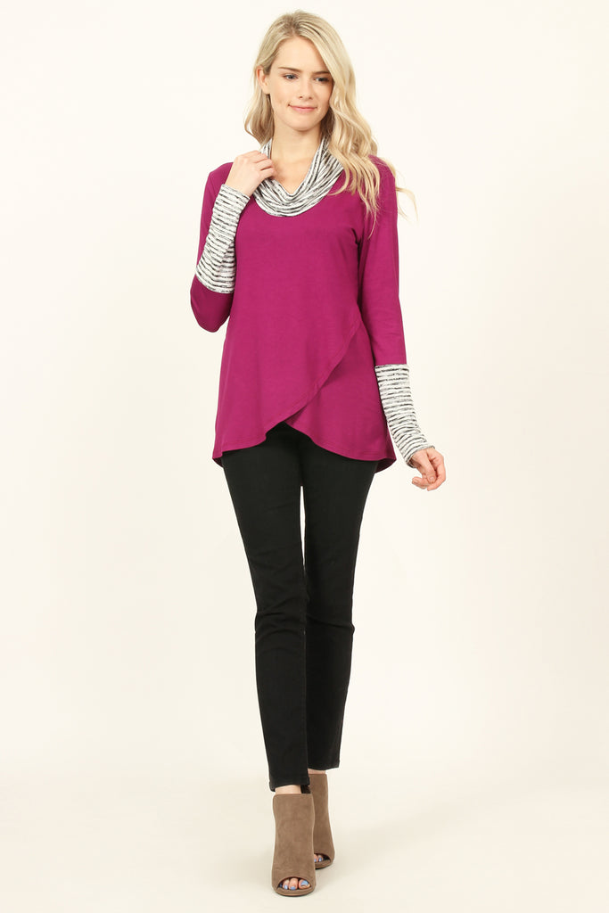 Striped Cowl Neck Overlap Tunic