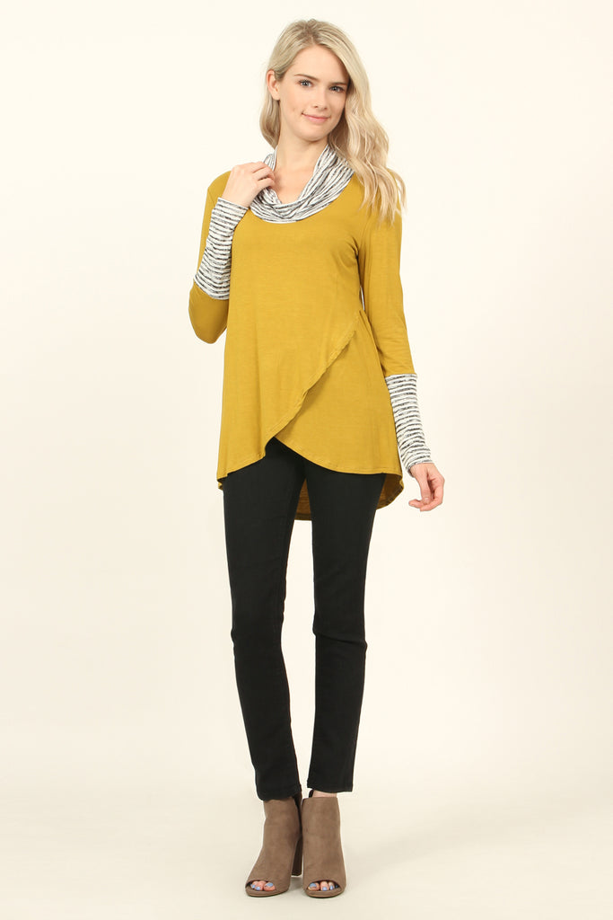 Striped Cowl Neck Overlap Tunic