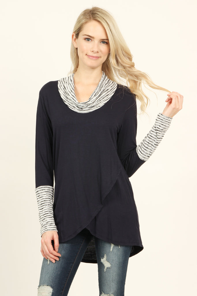 Striped Cowl Neck Overlap Tunic