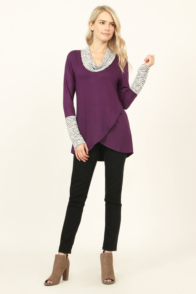 Striped Cowl Neck Overlap Tunic