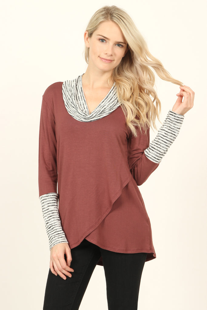 Striped Cowl Neck Overlap Tunic