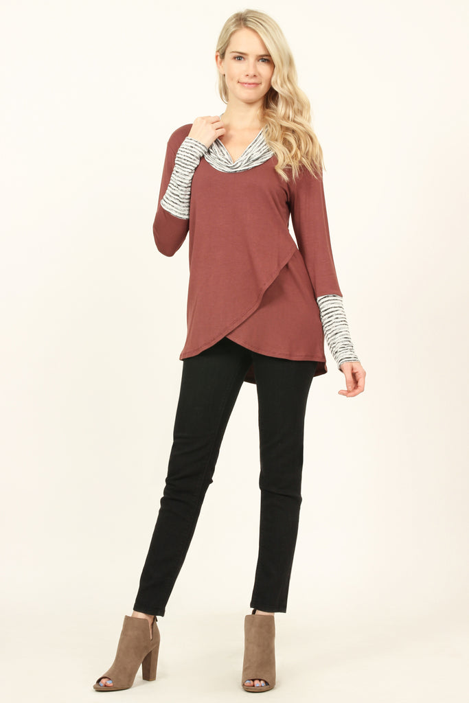 Striped Cowl Neck Overlap Tunic