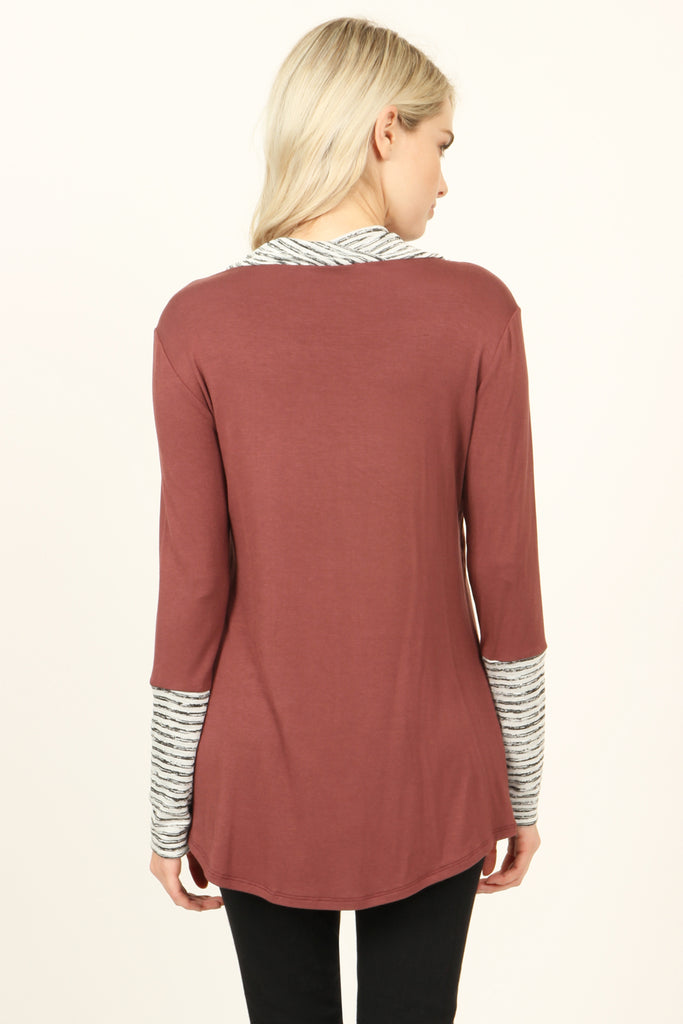 Striped Cowl Neck Overlap Tunic