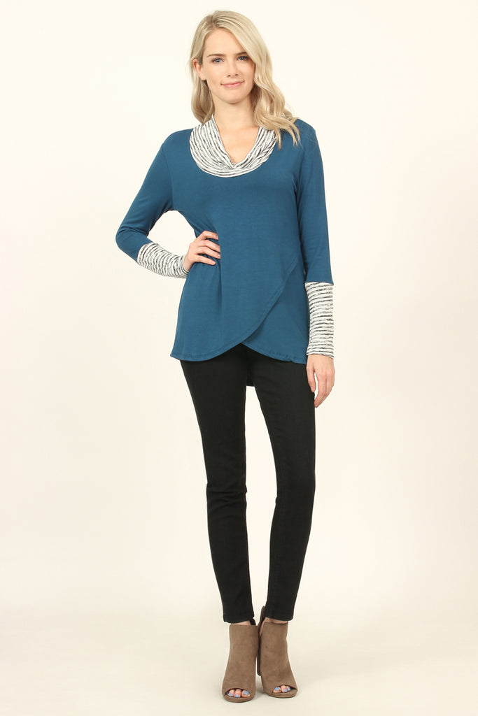 Striped Cowl Neck Overlap Tunic