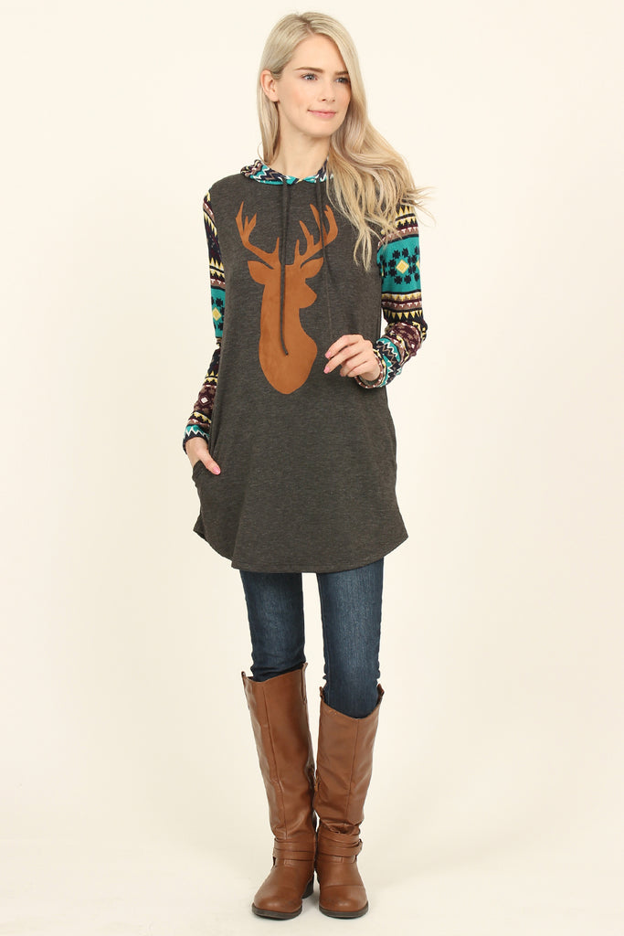 Suede Deer Patch Aztec Sleeve Pocket Hoodie