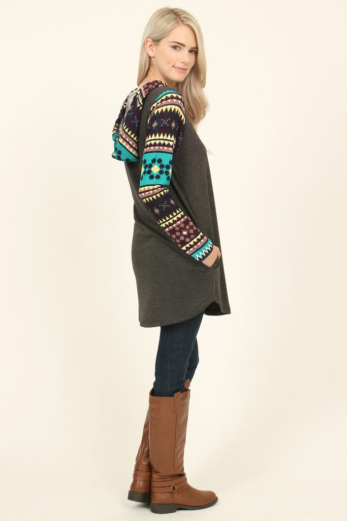 Suede Deer Patch Aztec Sleeve Pocket Hoodie