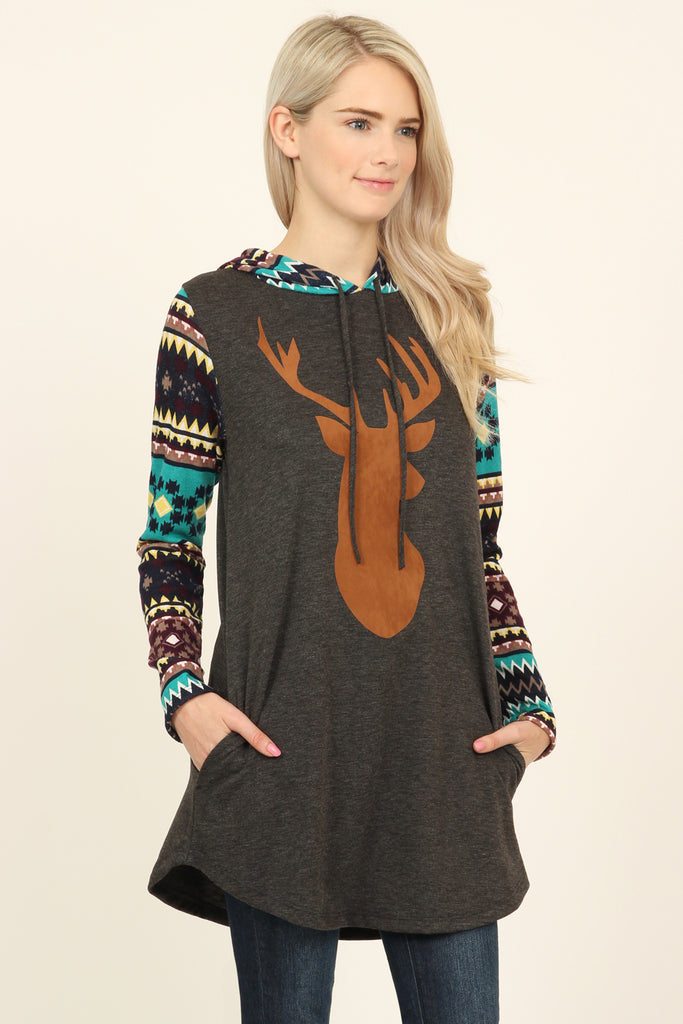 Suede Deer Patch Aztec Sleeve Pocket Hoodie