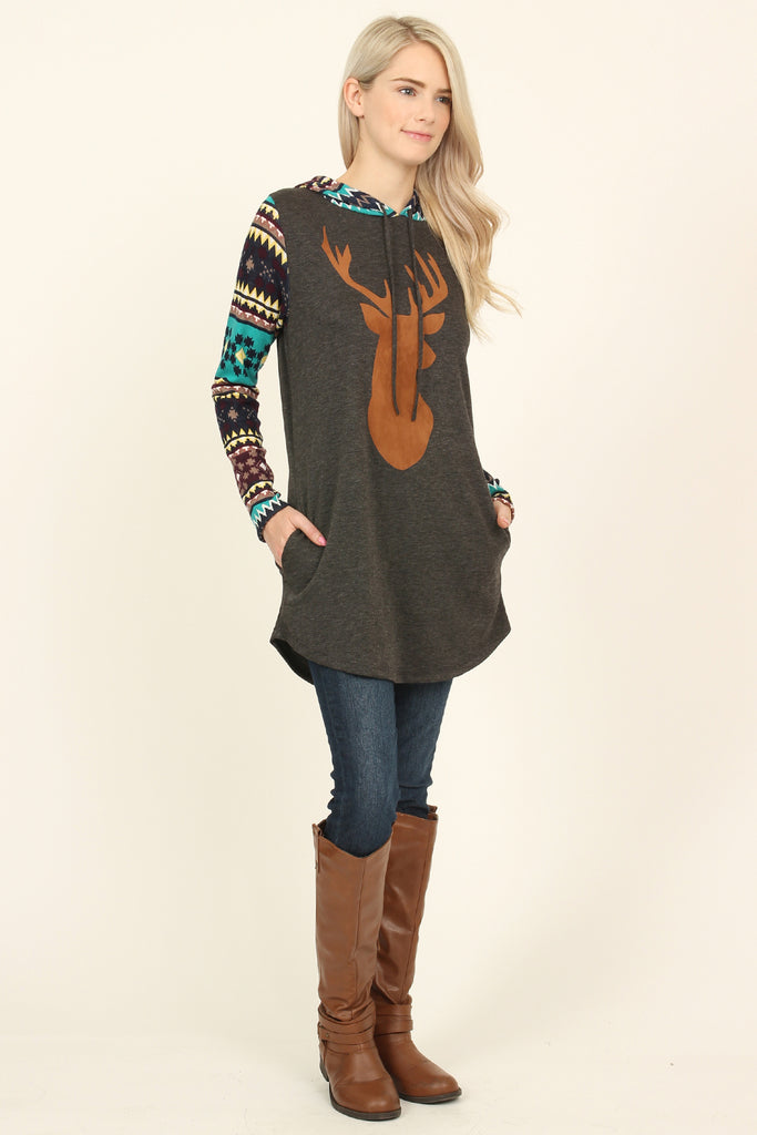 Suede Deer Patch Aztec Sleeve Pocket Hoodie