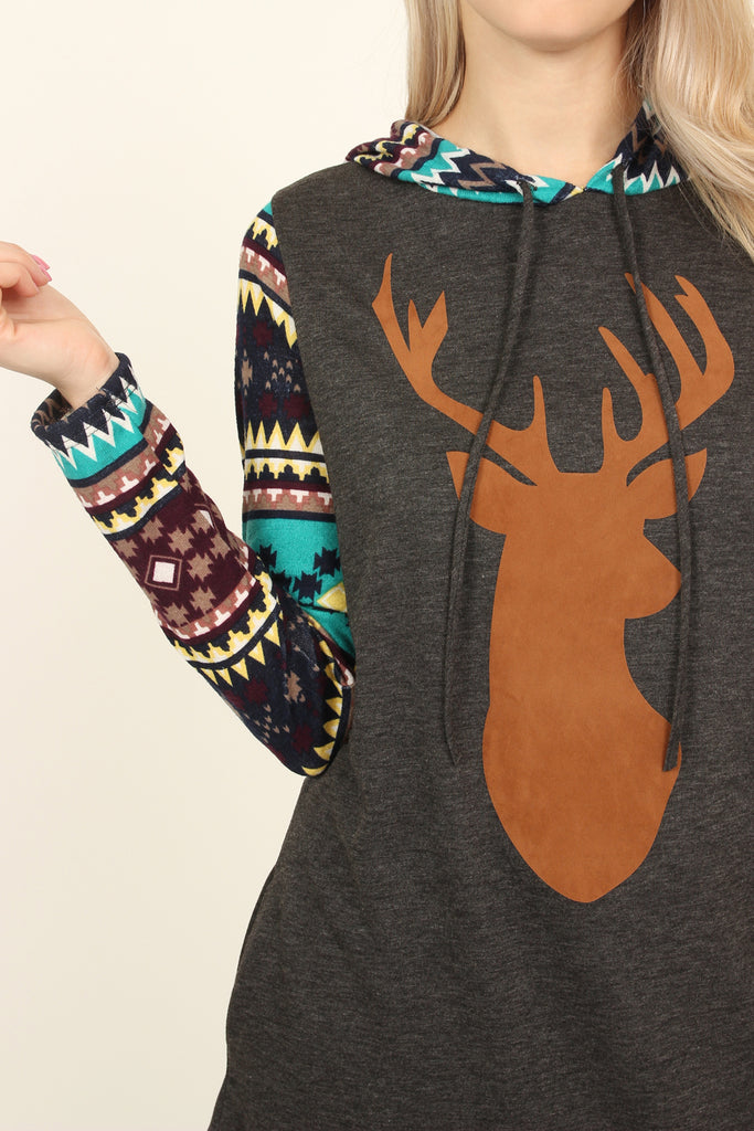 Suede Deer Patch Aztec Sleeve Pocket Hoodie