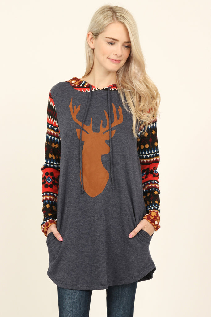 Suede Deer Patch Aztec Sleeve Pocket Hoodie