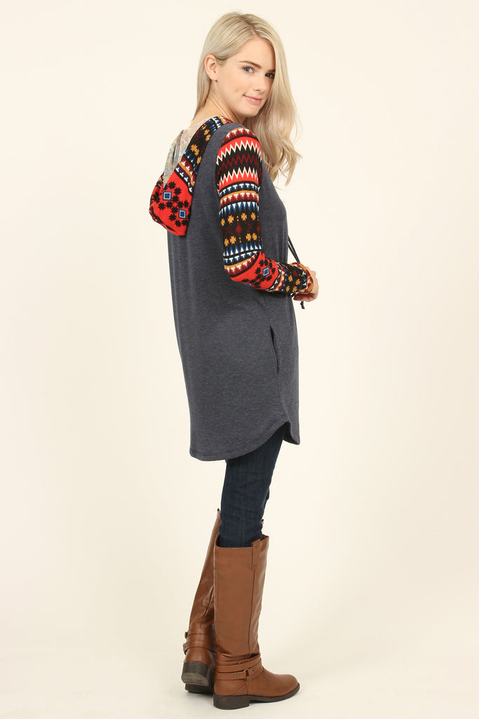 Suede Deer Patch Aztec Sleeve Pocket Hoodie