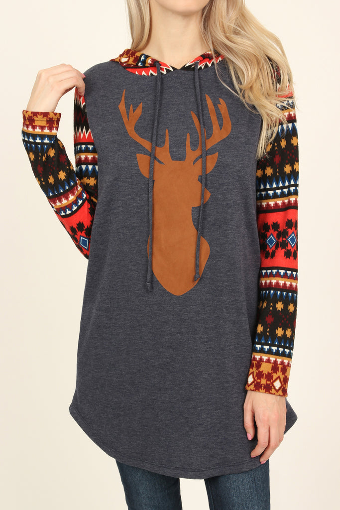Suede Deer Patch Aztec Sleeve Pocket Hoodie