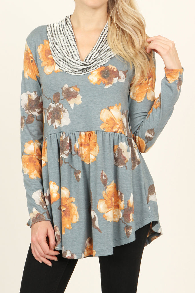 Striped Cowl Neck Floral Tunic