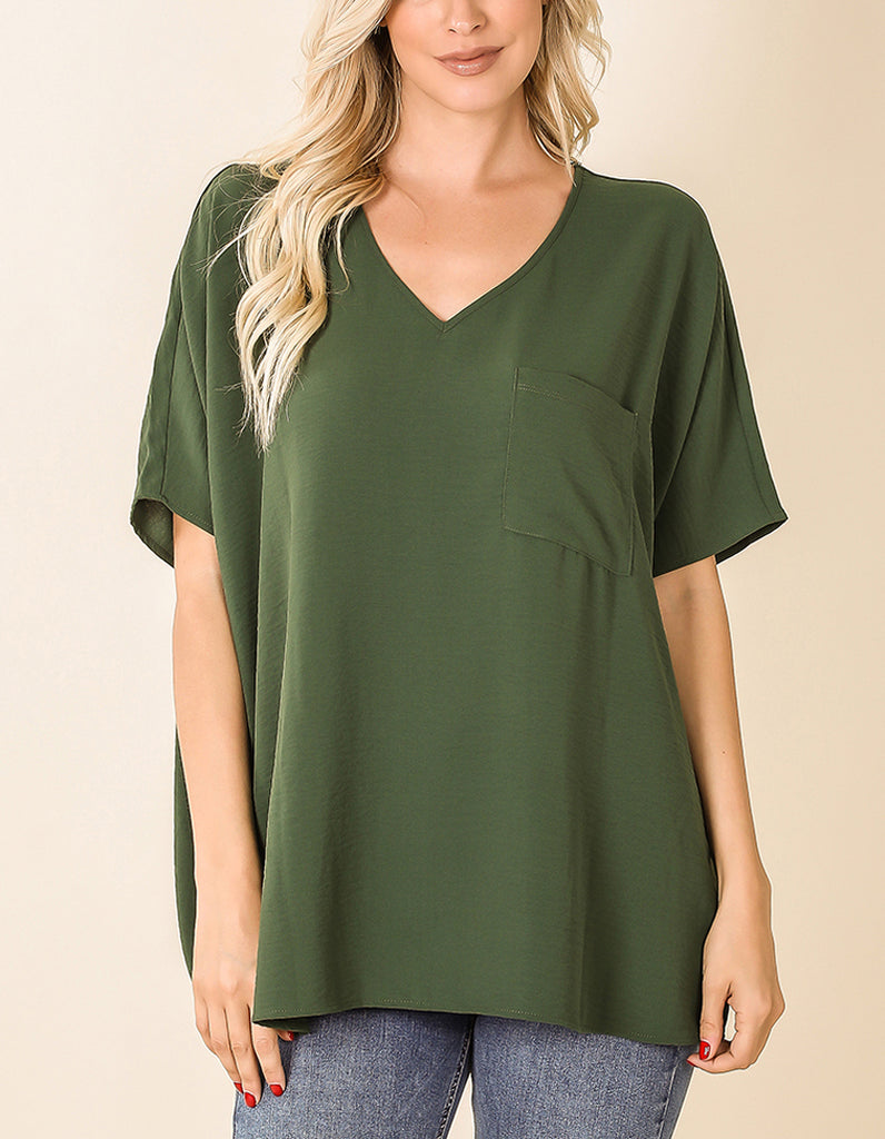 Woven Airflow V-Neck Dolman Short Sleeve Top