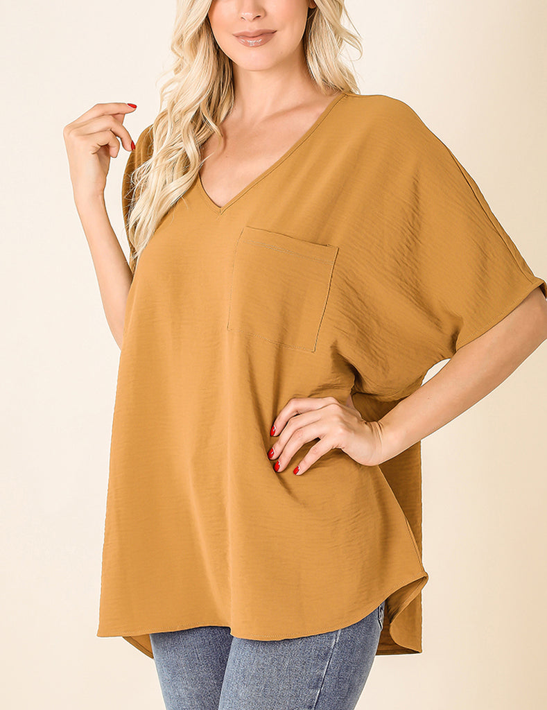 Woven Airflow V-Neck Dolman Short Sleeve Top