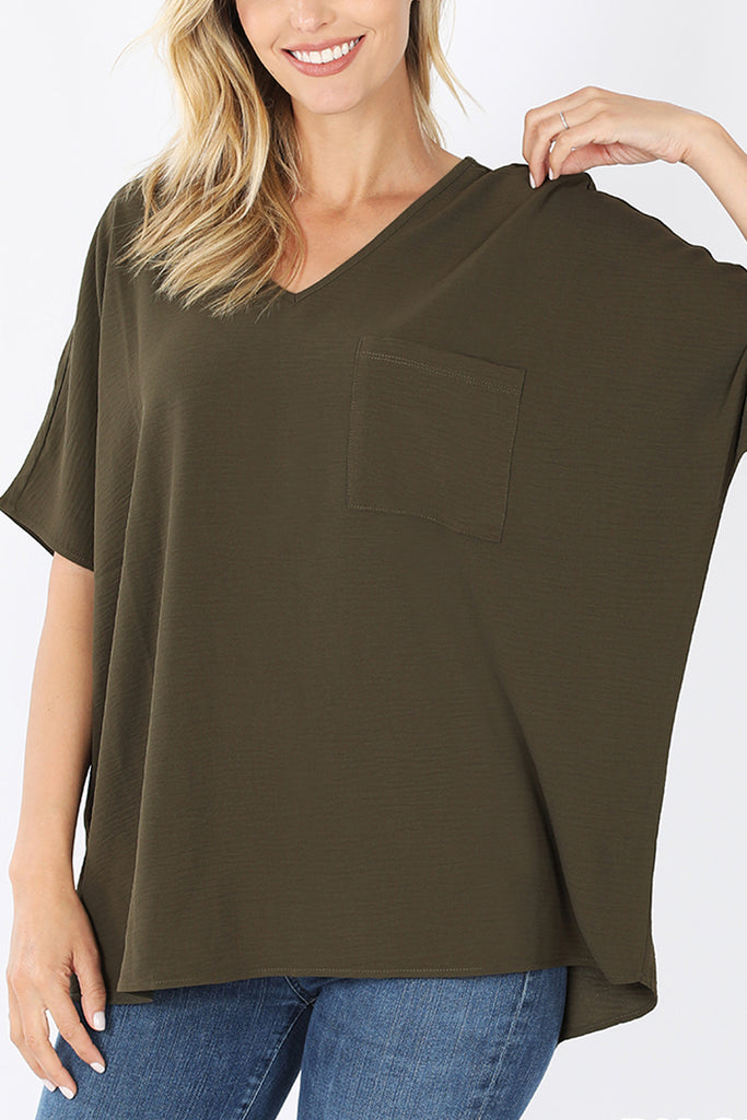 Woven Airflow V-Neck Dolman Short Sleeve Top