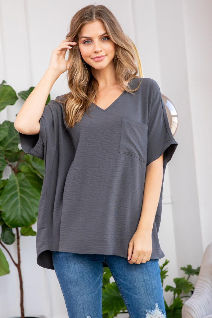 Woven Airflow V-Neck Dolman Short Sleeve Top