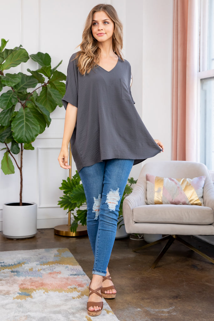 Woven Airflow V-Neck Dolman Short Sleeve Top