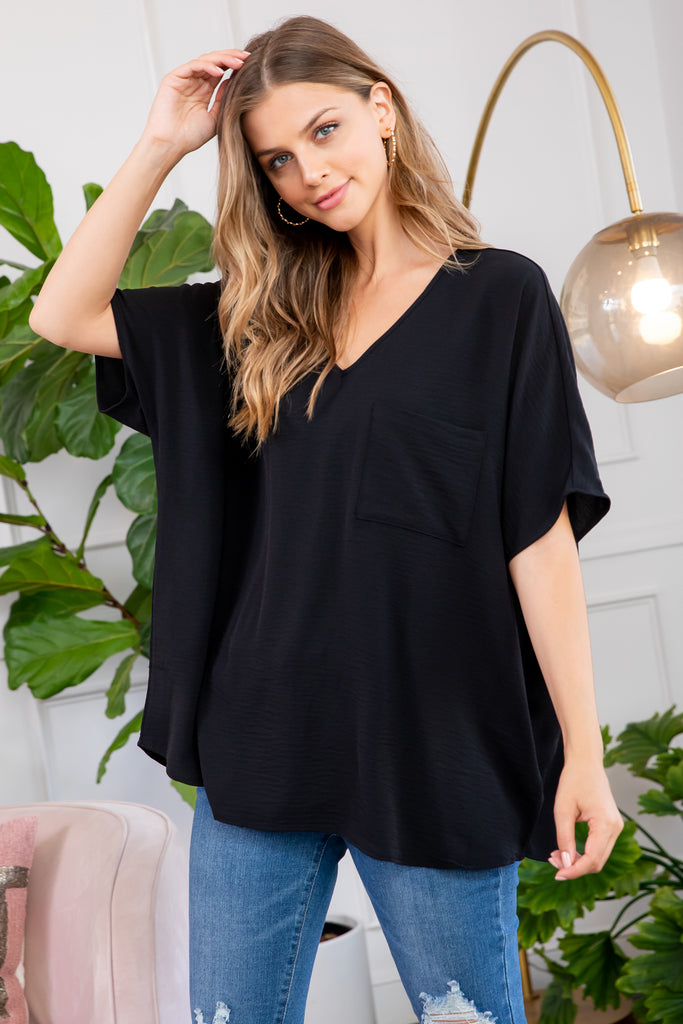 Woven Airflow V-Neck Dolman Short Sleeve Top
