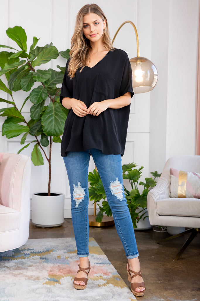 Woven Airflow V-Neck Dolman Short Sleeve Top