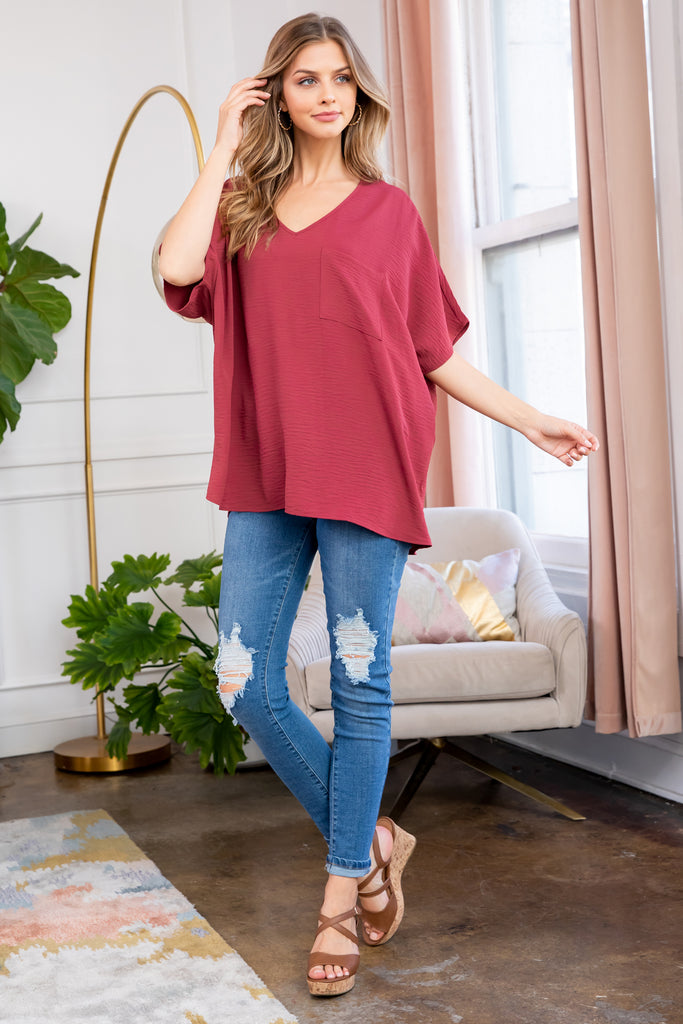 Woven Airflow V-Neck Dolman Short Sleeve Top