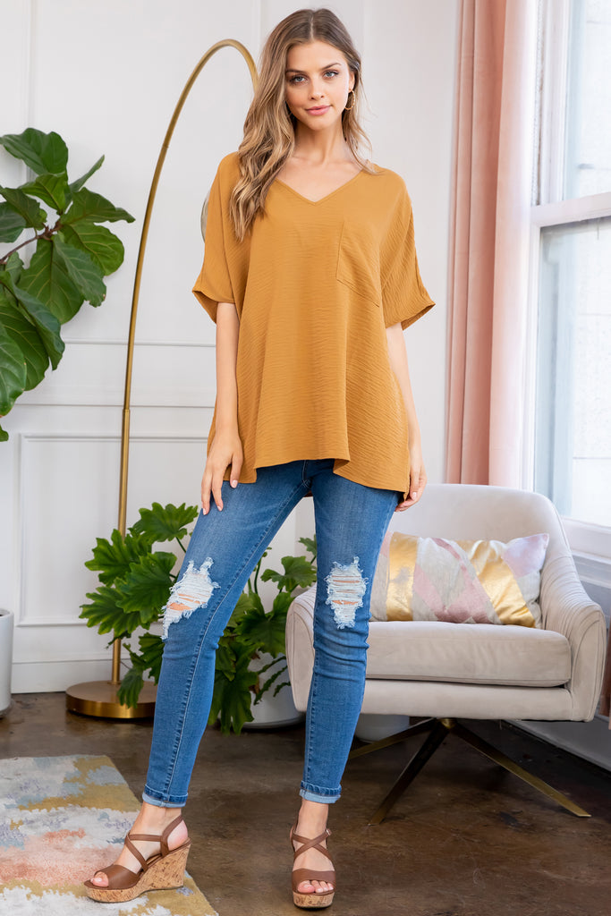 Woven Airflow V-Neck Dolman Short Sleeve Top