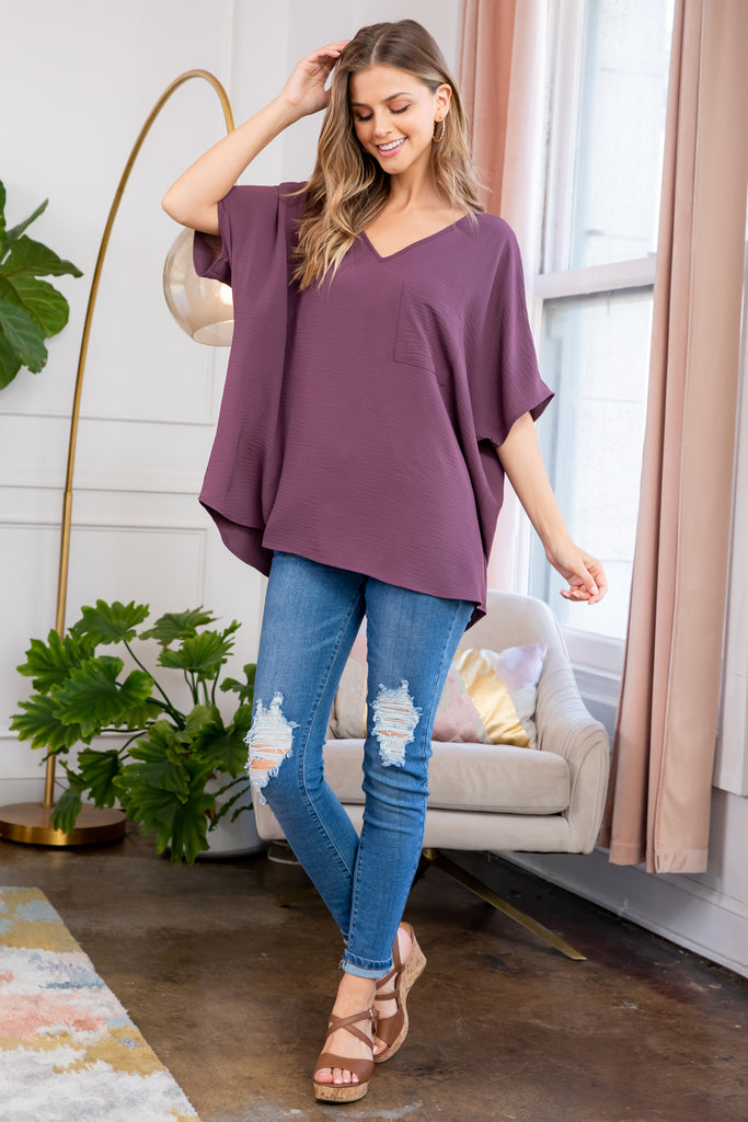 Woven Airflow V-Neck Dolman Short Sleeve Top