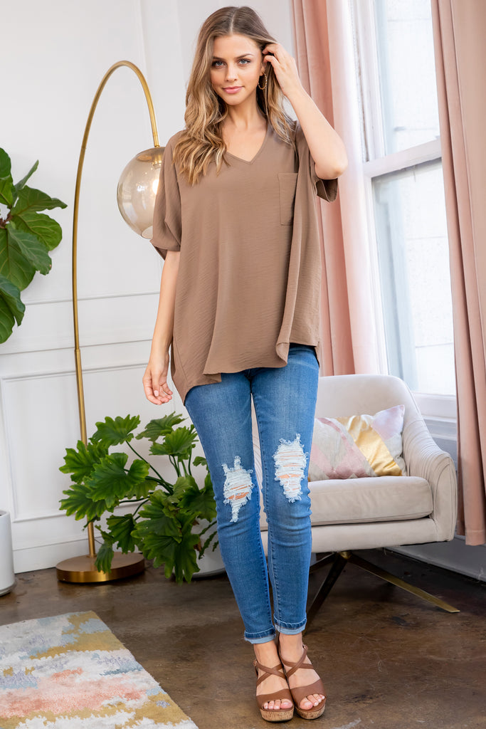 Woven Airflow V-Neck Dolman Short Sleeve Top
