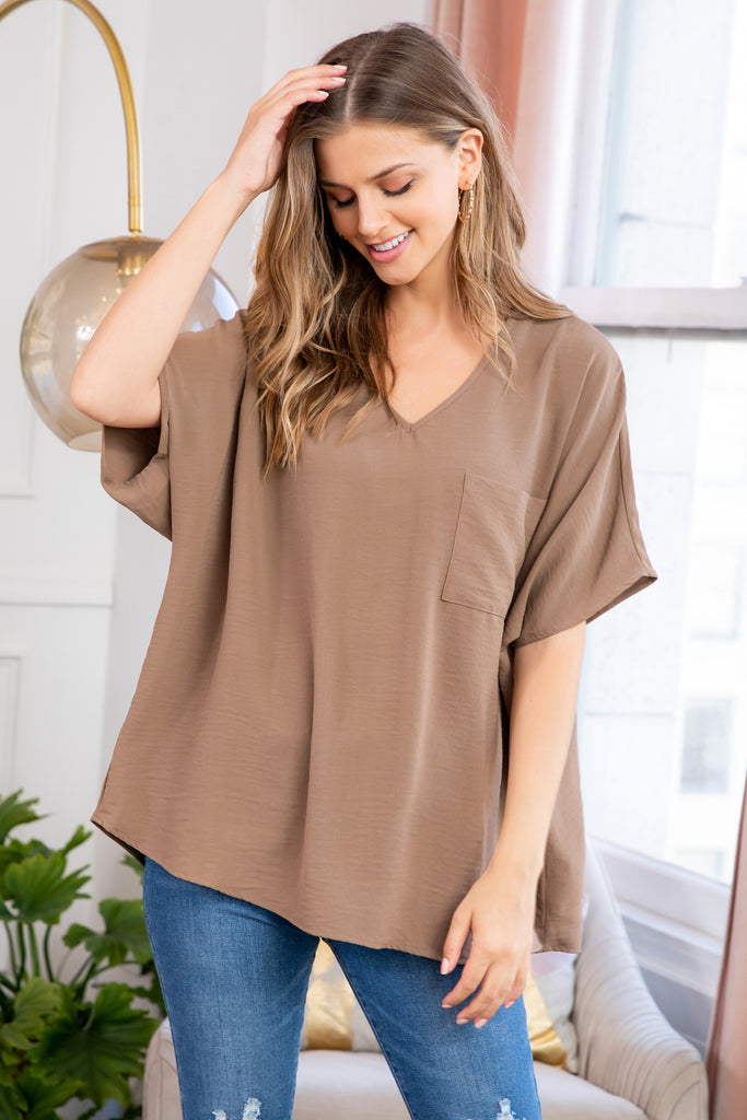Woven Airflow V-Neck Dolman Short Sleeve Top