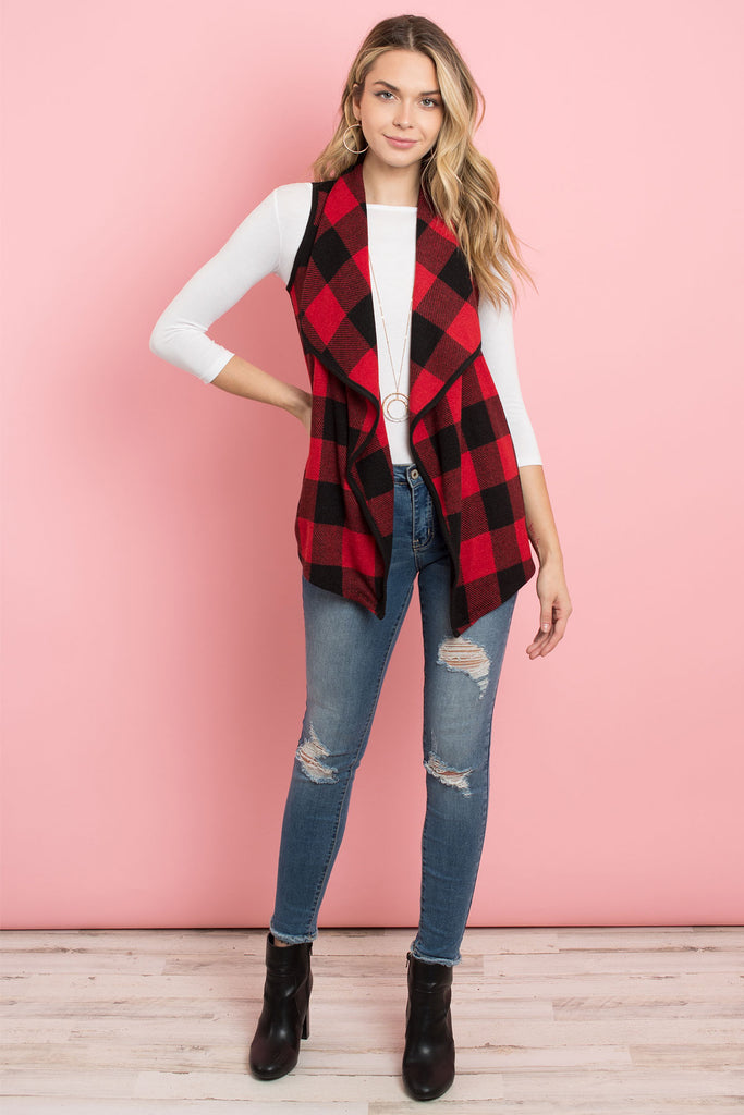 Sleeveless Plaid Vest Cardigan With Inseam Pocket