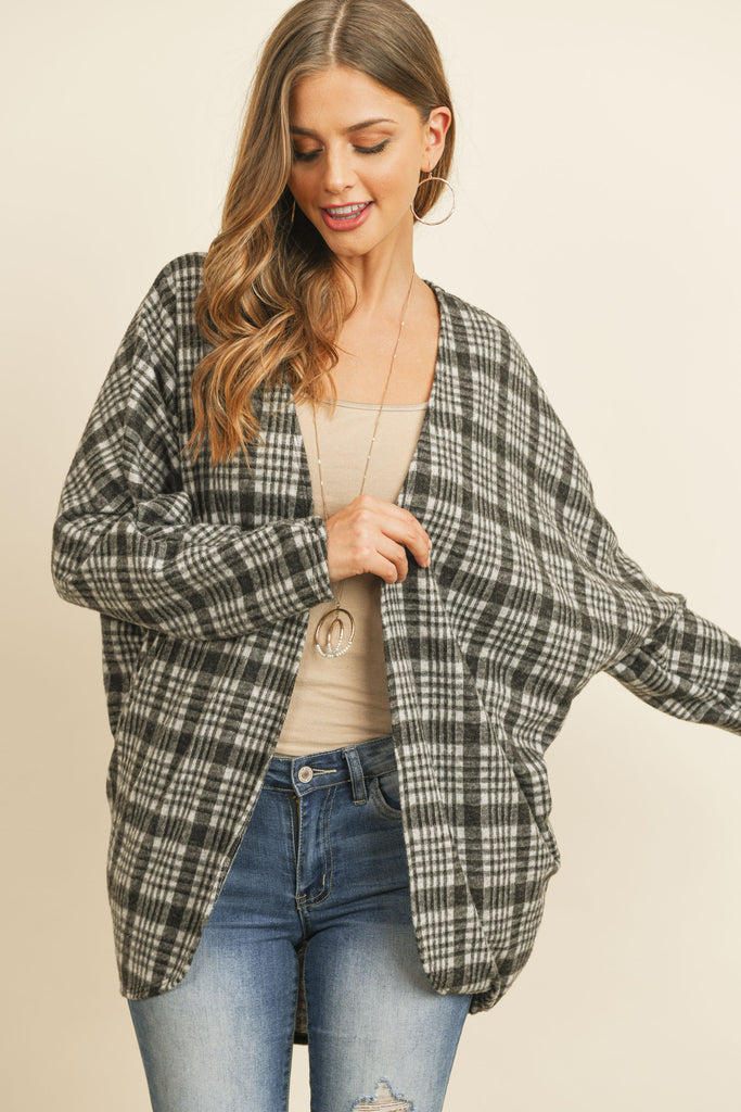 Plaid Round Hem Pocket Open Cardigan