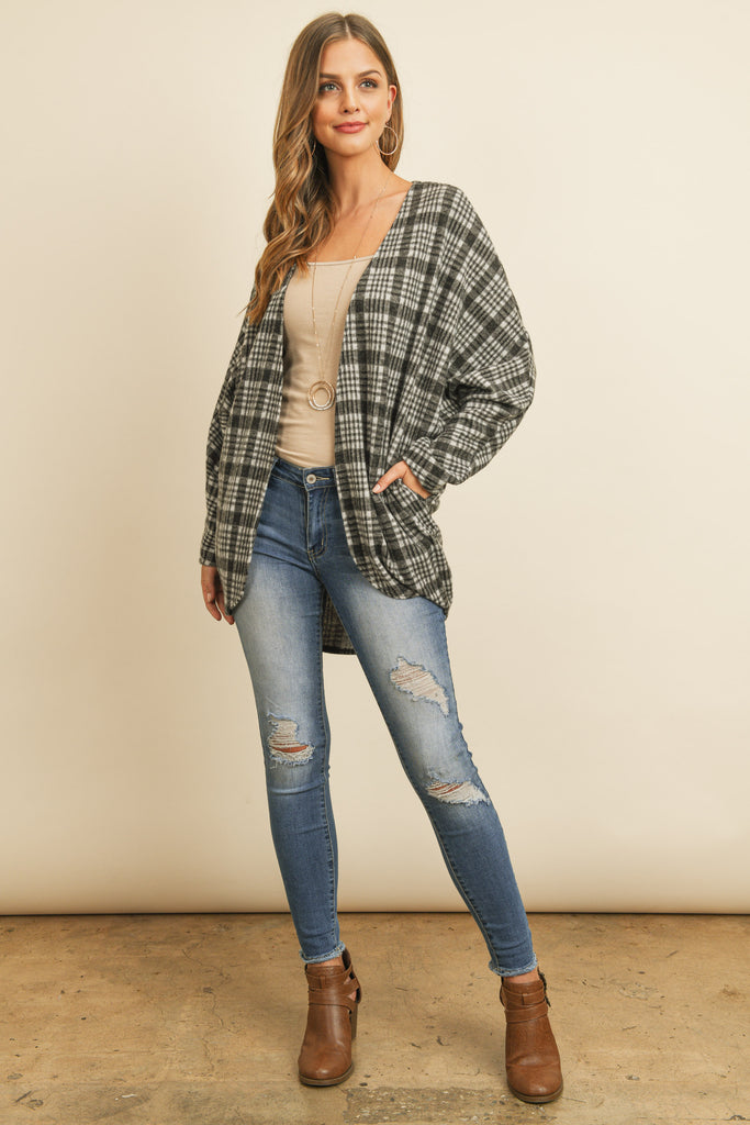 Plaid Round Hem Pocket Open Cardigan