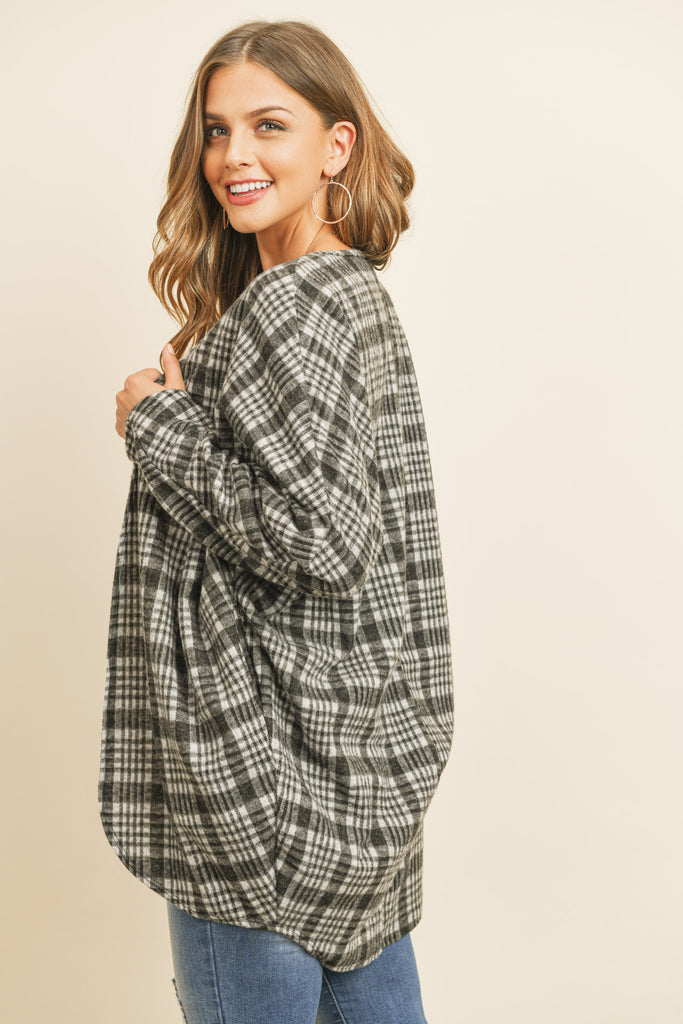 Plaid Round Hem Pocket Open Cardigan