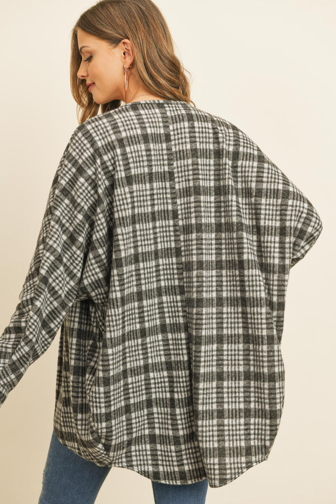 Plaid Round Hem Pocket Open Cardigan