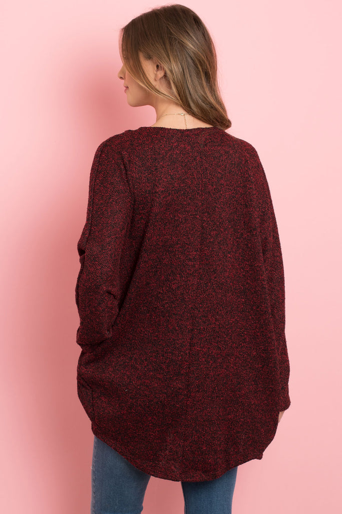 Two Toned Hacci Hi-Low Round Hem Open Cardigan