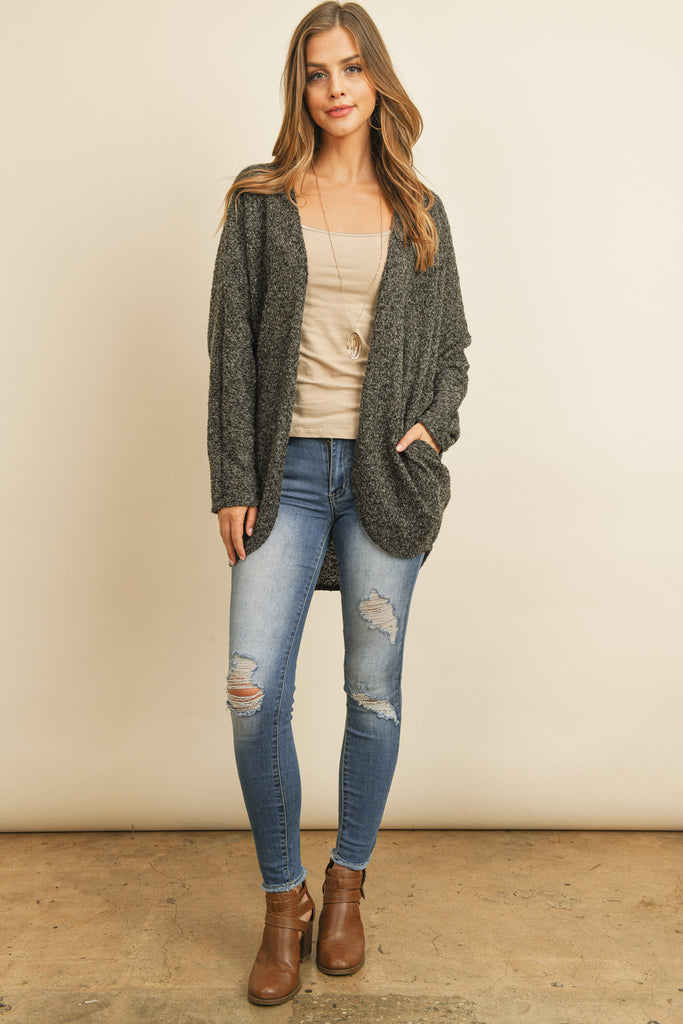 Two Toned Hacci Hi-Low Round Hem Open Cardigan