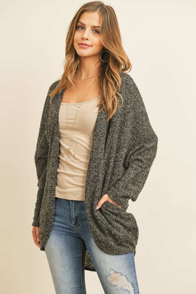 Two Toned Hacci Hi-Low Round Hem Open Cardigan