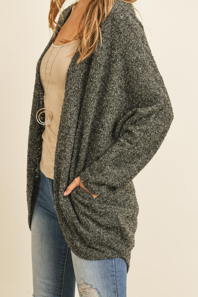 Two Toned Hacci Hi-Low Round Hem Open Cardigan