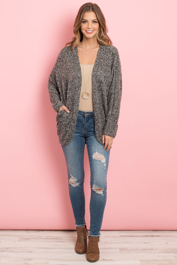 Two Toned Hacci Hi-Low Round Hem Open Cardigan
