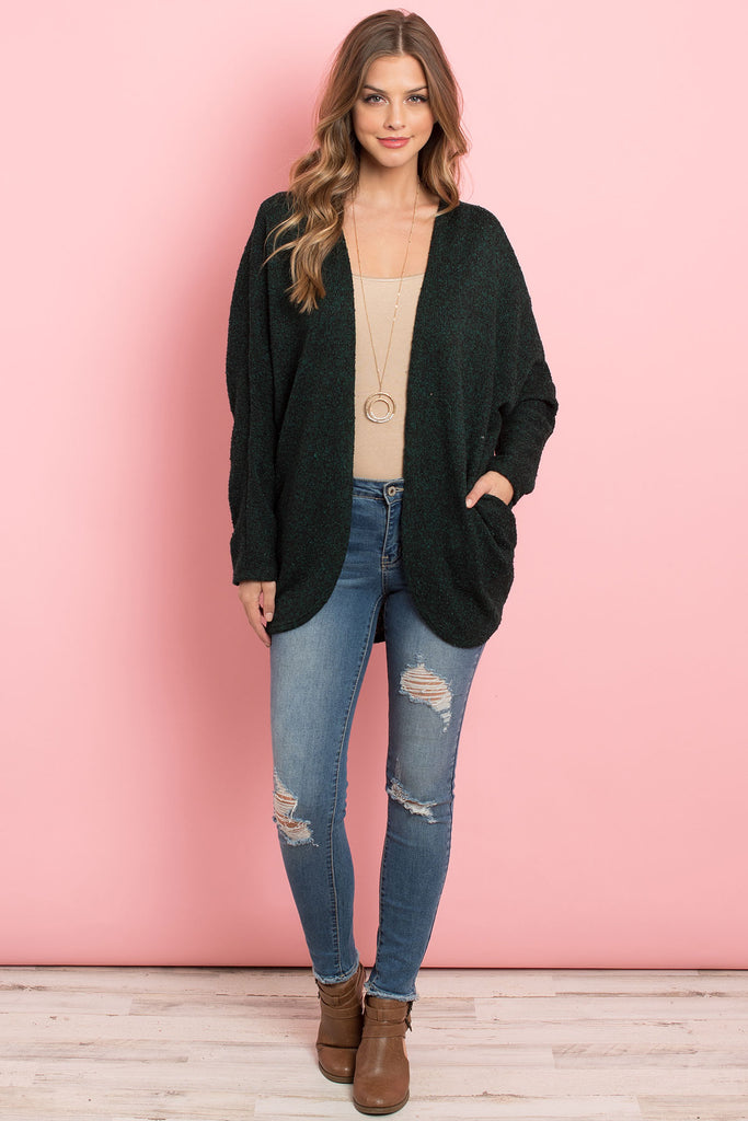 Two Toned Hacci Hi-Low Round Hem Open Cardigan