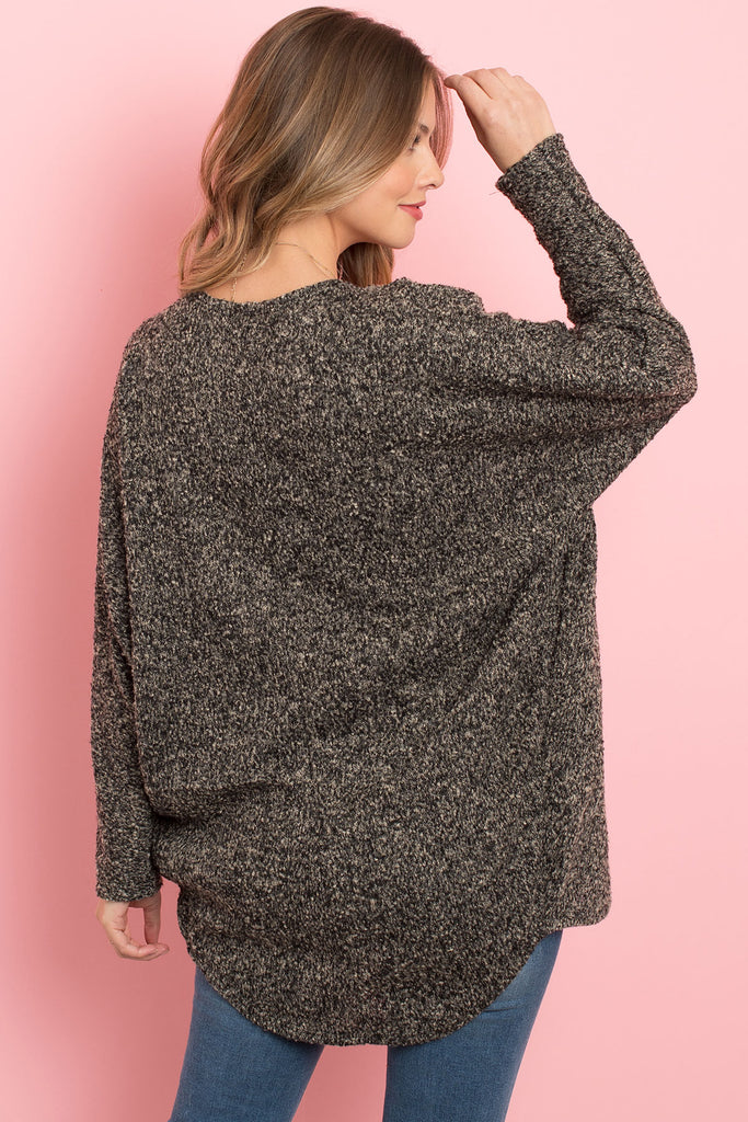 Two Toned Hacci Hi-Low Round Hem Open Cardigan