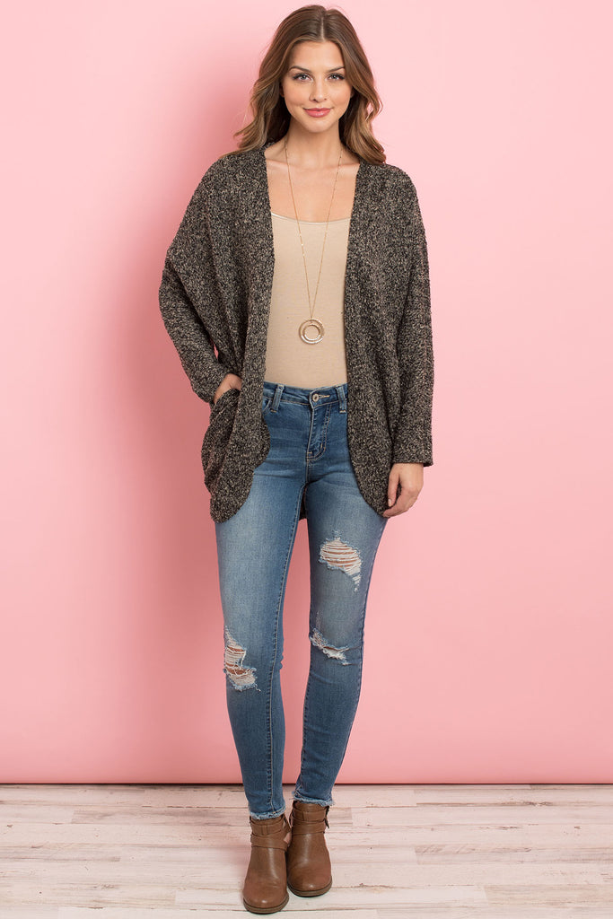 Two Toned Hacci Hi-Low Round Hem Open Cardigan