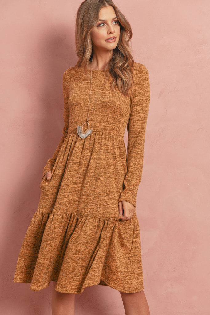 Two Tone Brushed Hacci Tiered Pocket Dress