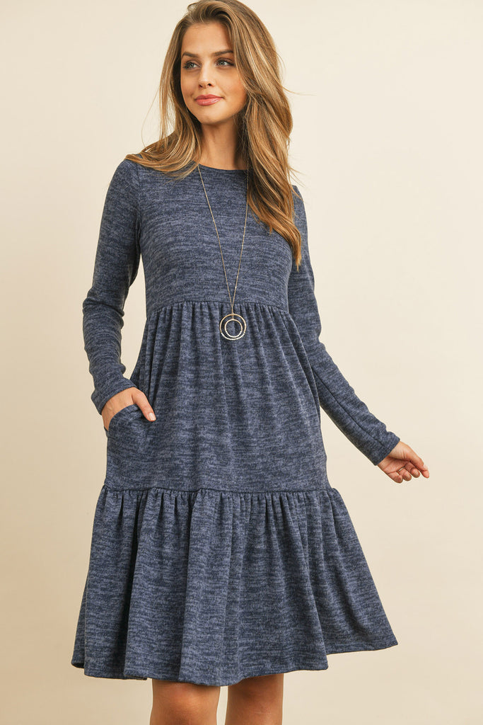 Two Tone Brushed Hacci Tiered Pocket Dress