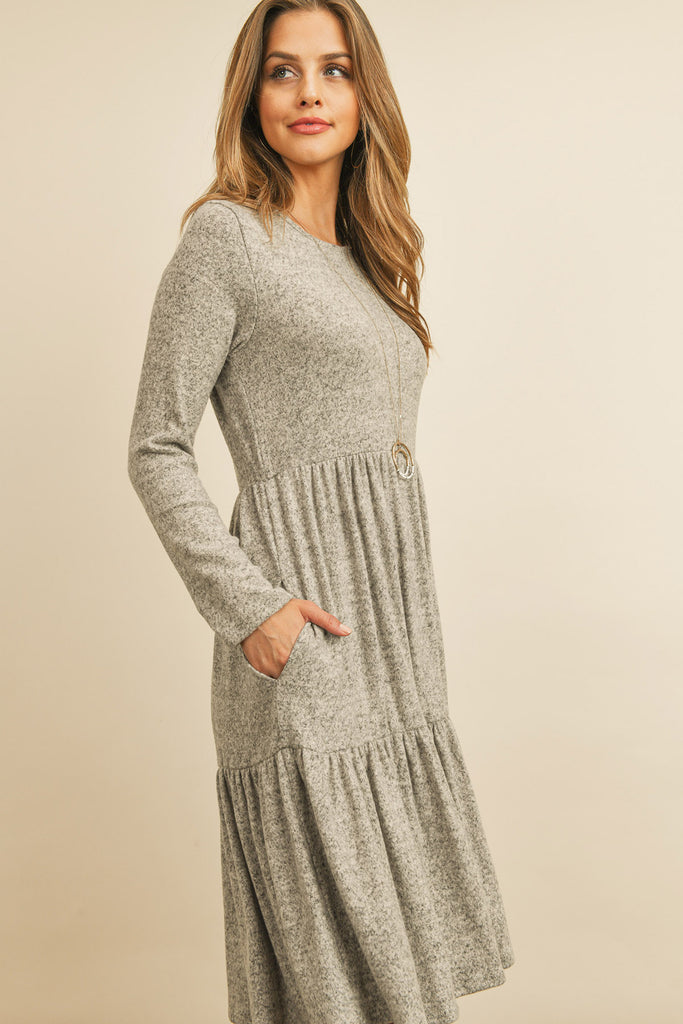 Two Tone Brushed Hacci Tiered Pocket Dress