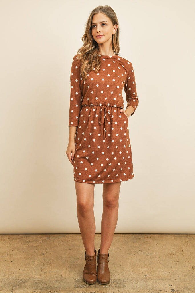 Polka Dot Print French Terry Cinch Waist Tie Front Dress with Pockets