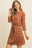 Polka Dot Print French Terry Cinch Waist Tie Front Dress with Pockets