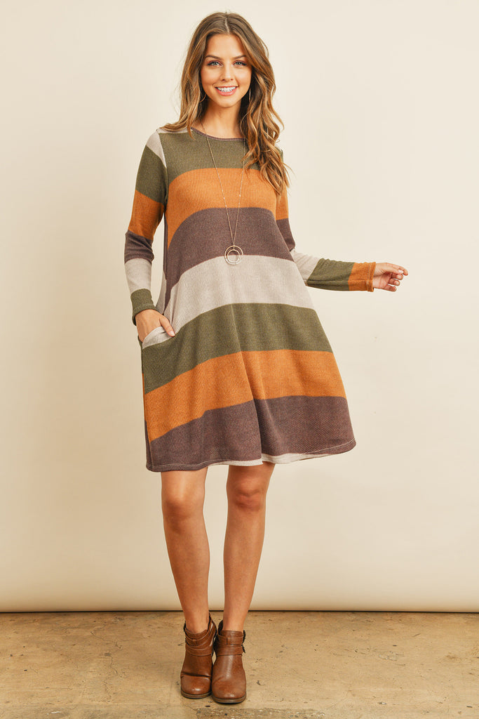 Long Sleeved Rib Stripe Pocket Dress