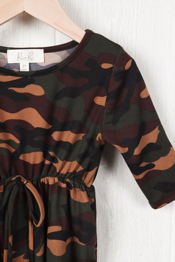 Toddler Girls Quarter Sleeved Cinch Waist Self Tie Front Camo Dress